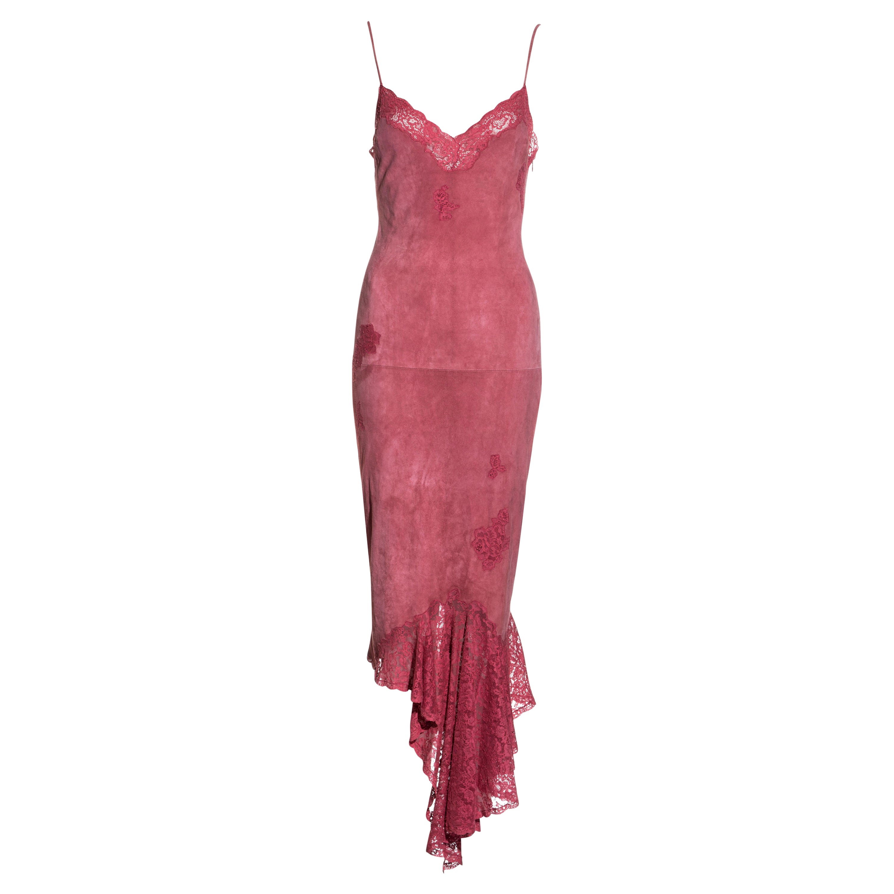 Christian Dior by John Galliano pink suede and lace slip dress, fw 2000