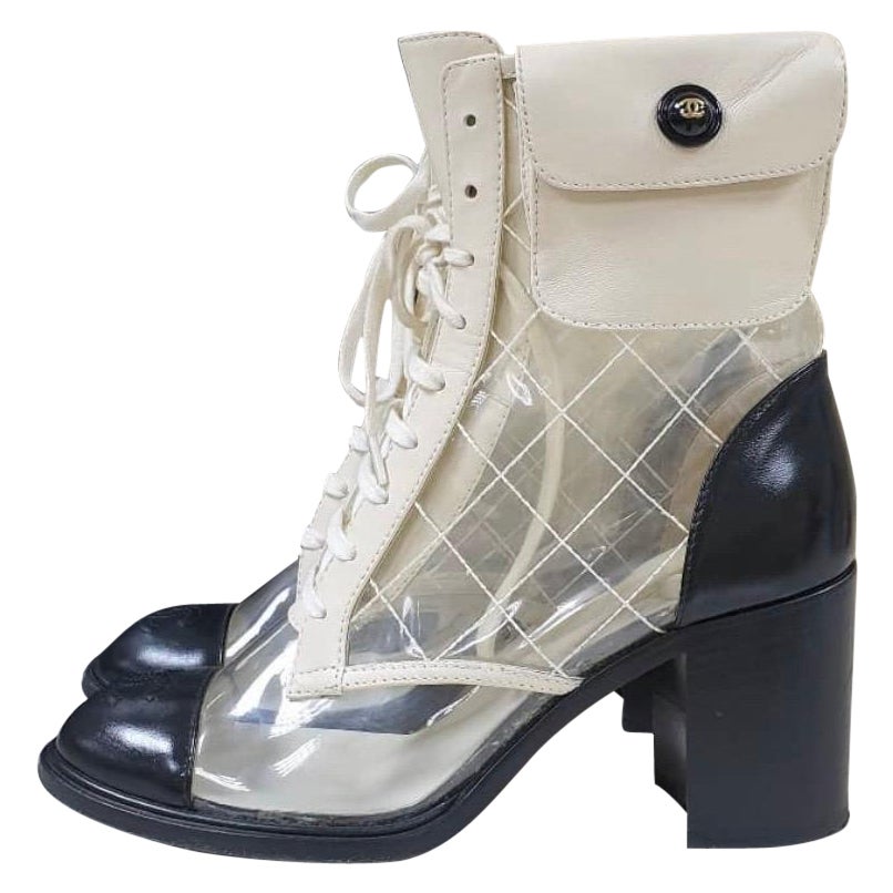 Chanel White/Black Leather And Fabric Lace Up Wedge Platform Boots Size  38.5 at 1stDibs