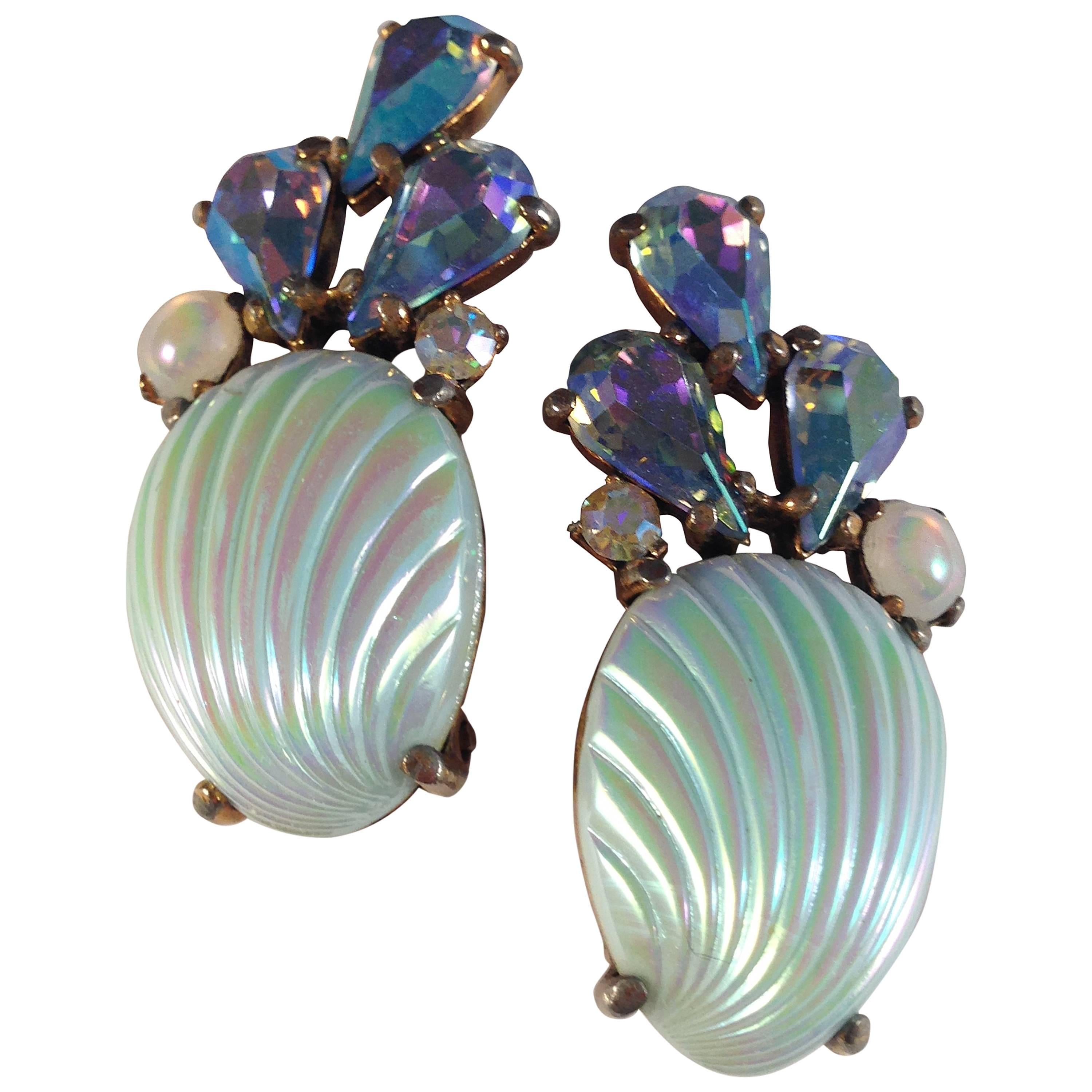 Elsa Schiaparelli Earrings Blue Shell Clip-Ons For Sale