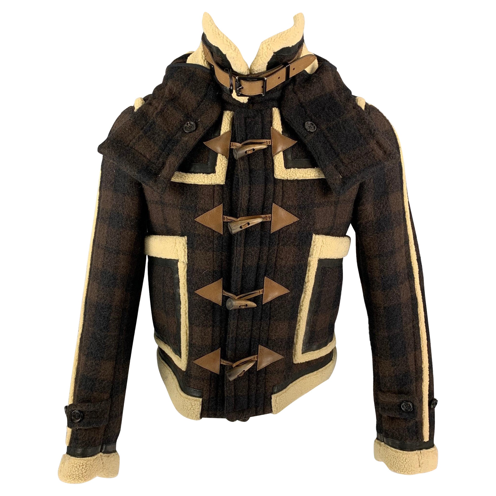 BURBERRY PRORSUM Fall 2011 Size 34 Brown & Cream Plaid Leather Shearling Jacket