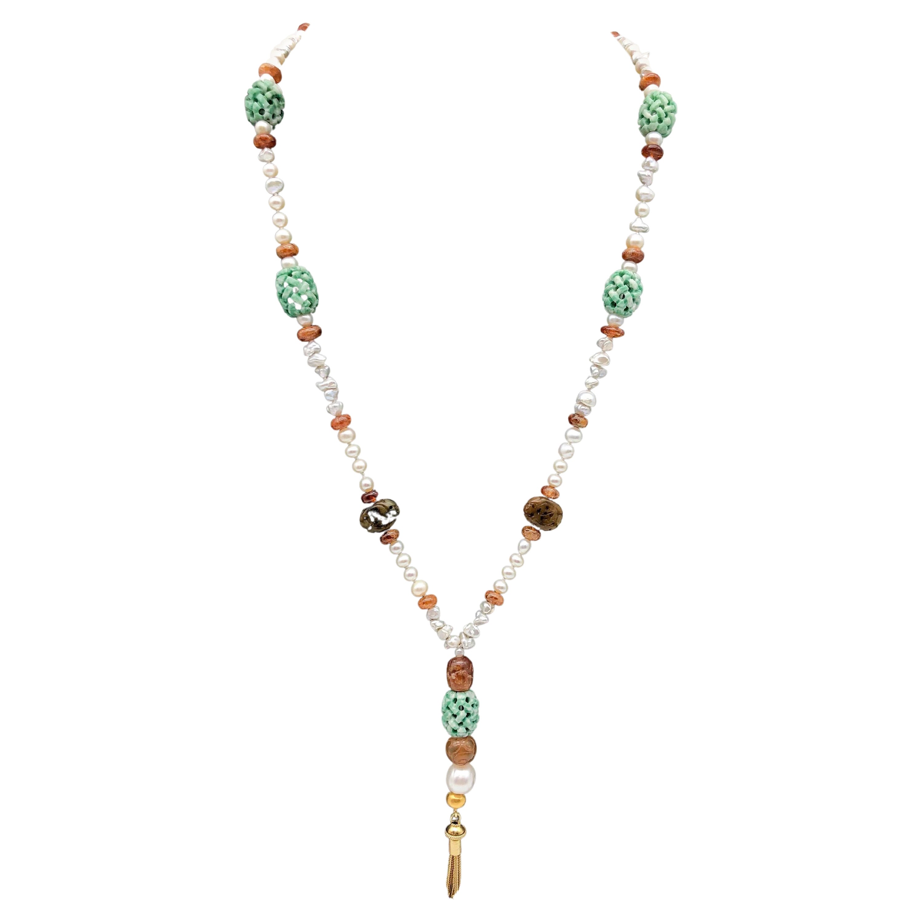 A.Jeschel Splendid Long Pearl, Hessonite, and Tobacco Jade Necklace