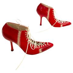 Gianni Versace 2002 Red Patchwork Eel Lace Up Stiletto Size 37.