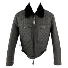 BURBERRY PRORSUM - Veste noire matelassée en coton matelassé avec col en vison et fermeture éclair, taille 40