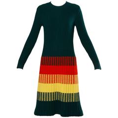 1970s Lanvin Vintage Wool Ribbed Knit Rainbow Dress
