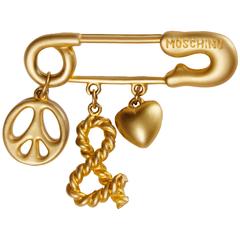 Moschino Vintage "Peace & Love" Charm Safety Pin Brooch