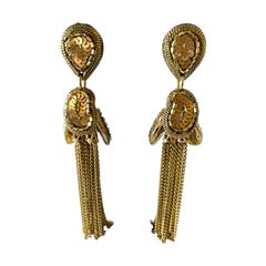 Vintage French Bronze and Gold Beaded Tassel Statement Earrings 