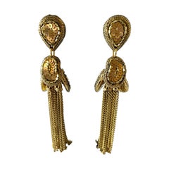 Retro French Bronze and Gold Beaded Tassel Statement Earrings 