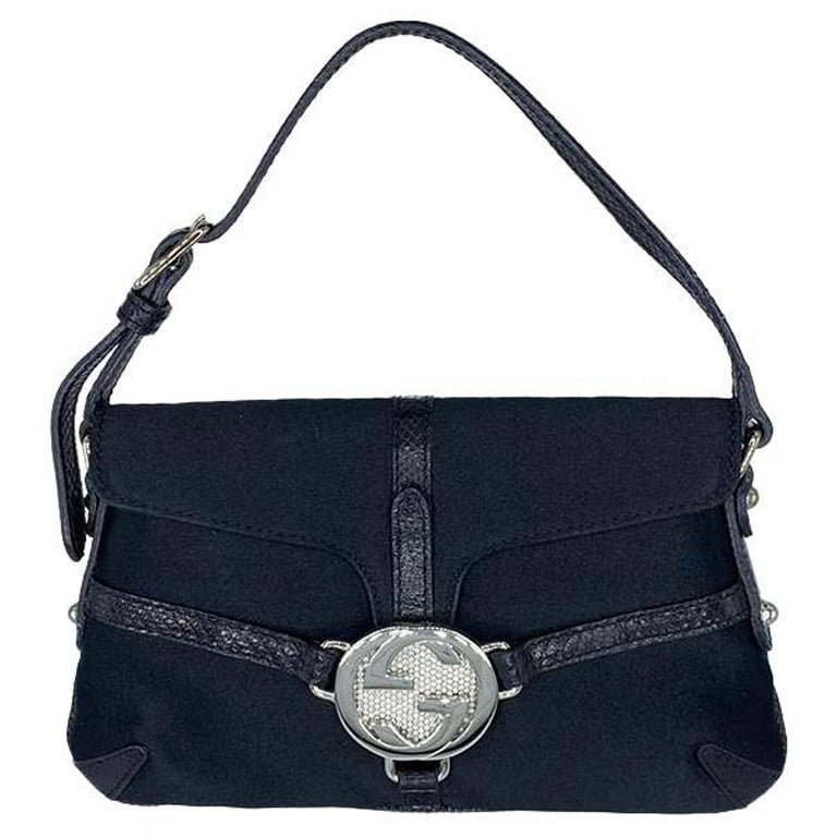 Gucci by Tom Ford Mini Reins Black Lizard Silk Satin Rhinestone Logo Thong Bag For Sale