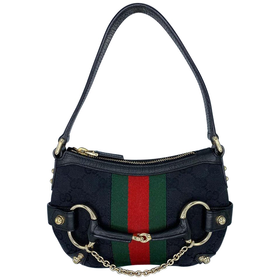 Gucci by Tom Ford Horse Bit Mini Bag Chain GG Monogram Green & Red Webbing  For Sale