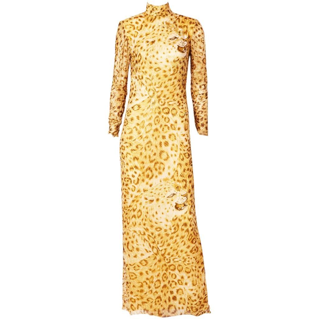 Hanae Mori Leopard Print Bugle Beaded Gown