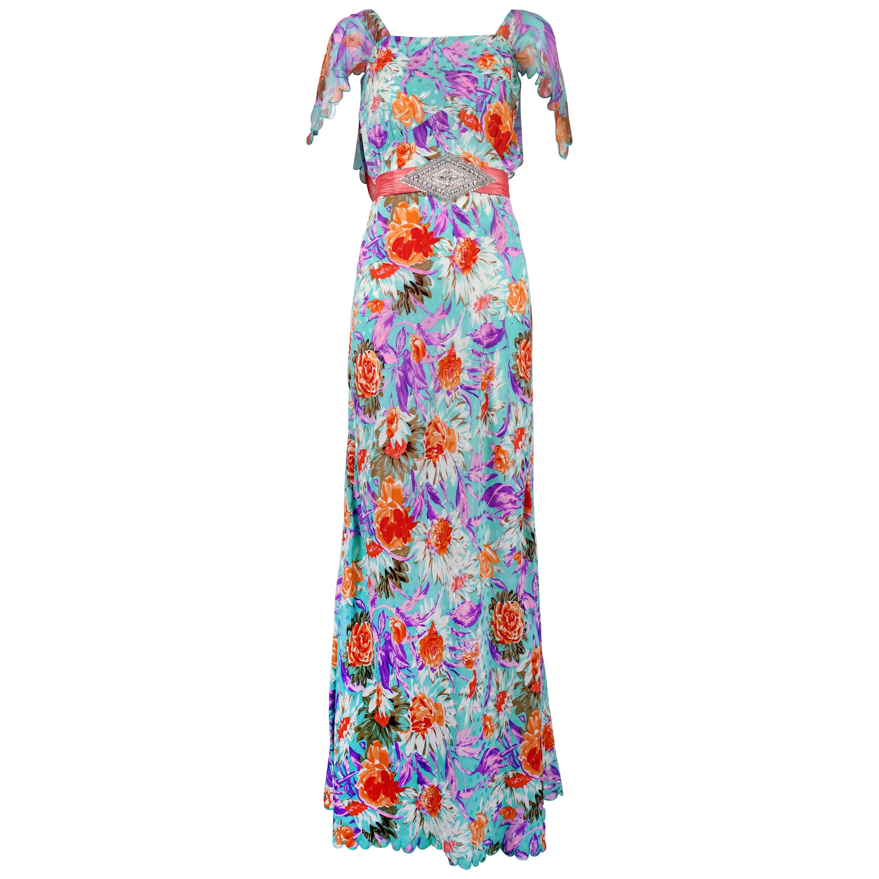 Tracy Feith 100% Silk Floral Bias Cut 1930's Inspired Evening Gown w/Mermaid Hem