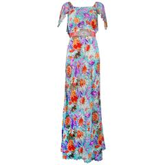 Tracy Feith 100% Silk Floral Bias Cut 1930's Inspired Evening Gown w/Mermaid Hem
