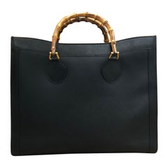 1990s GUCCI Black Leather Bamboo Tote Gucci Diana Tote (Large)