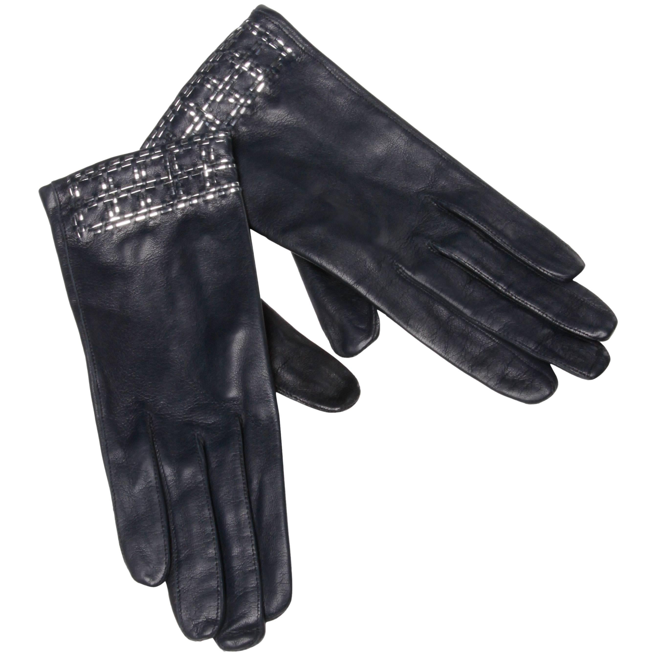 1970s Christian Dior Vintage Navy Blue Kidskin Leather Gloves with Silk Lining
