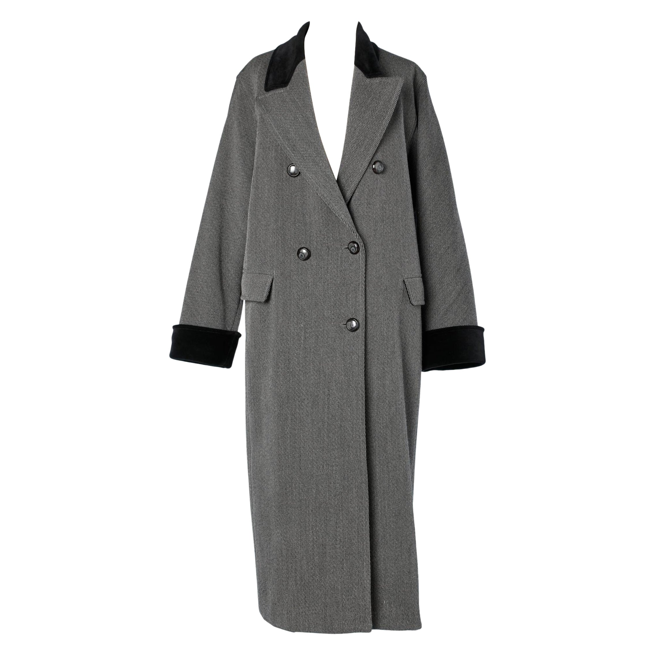 Grey wool double-breasted coat with collar and cuffs in black velvet Valentino 