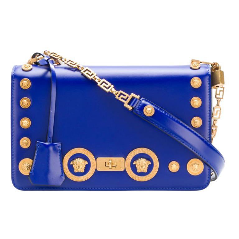 Versace Blue Leather Gold-Tone Medusa Studded Icon Shoulder Bag