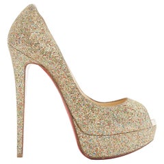 CHRISTIAN LOUBOUTIN Lady Peep 150 gold glitter peep toe platform heels EU36 US6