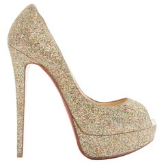 CHRISTIAN LOUBOUTIN Lady Peep 150 Gold Glitter Peep Toe Plateau-Absätze EU36 US6