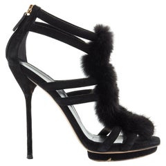 GUCCI TOM FORD black mink fur trimmed suede strapped high heel sandals EU36