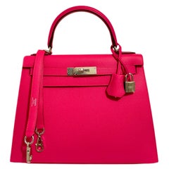 Hermes Kelly 28 Rose Extreme Pink Sellier Epsom Palladium Hardware NEU 