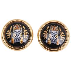 MINT. Vintage Hermes cloisonne golden round earrings with tiger design in black.