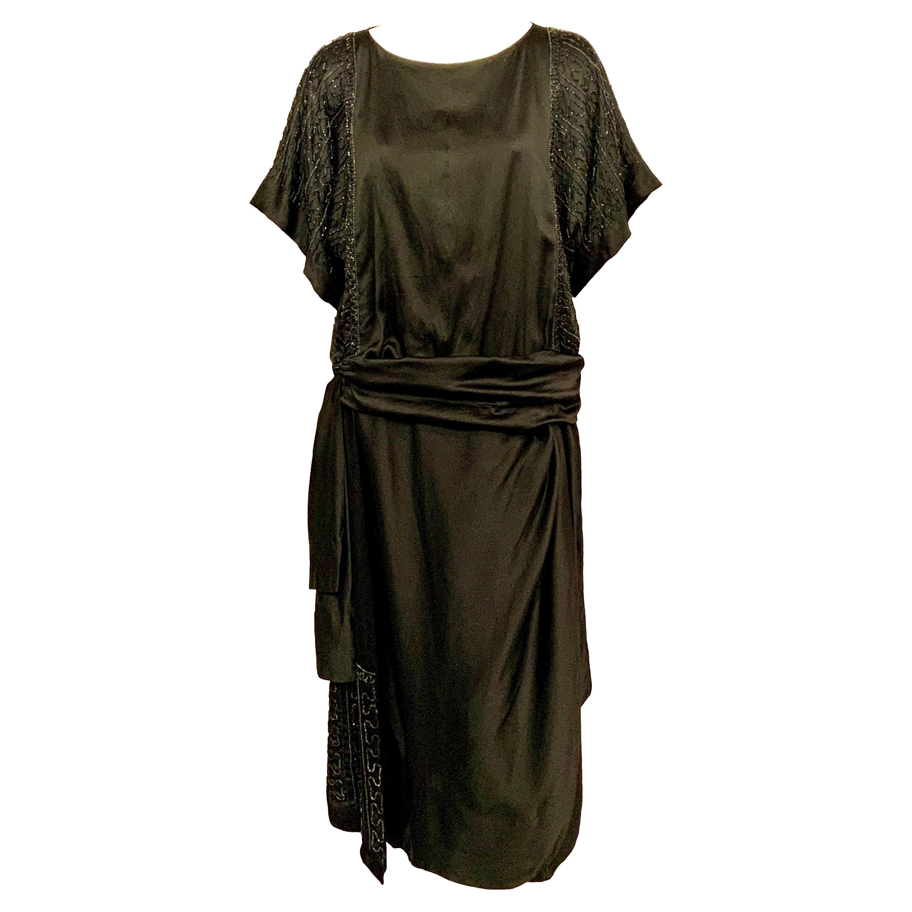 1920’s Black Silk Satin Dress with Black, Blue and Charcoal Beadwork For Sale