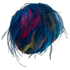 1960 Christian Dior Turquoise and Multicolor Feathered Bubble Hat 