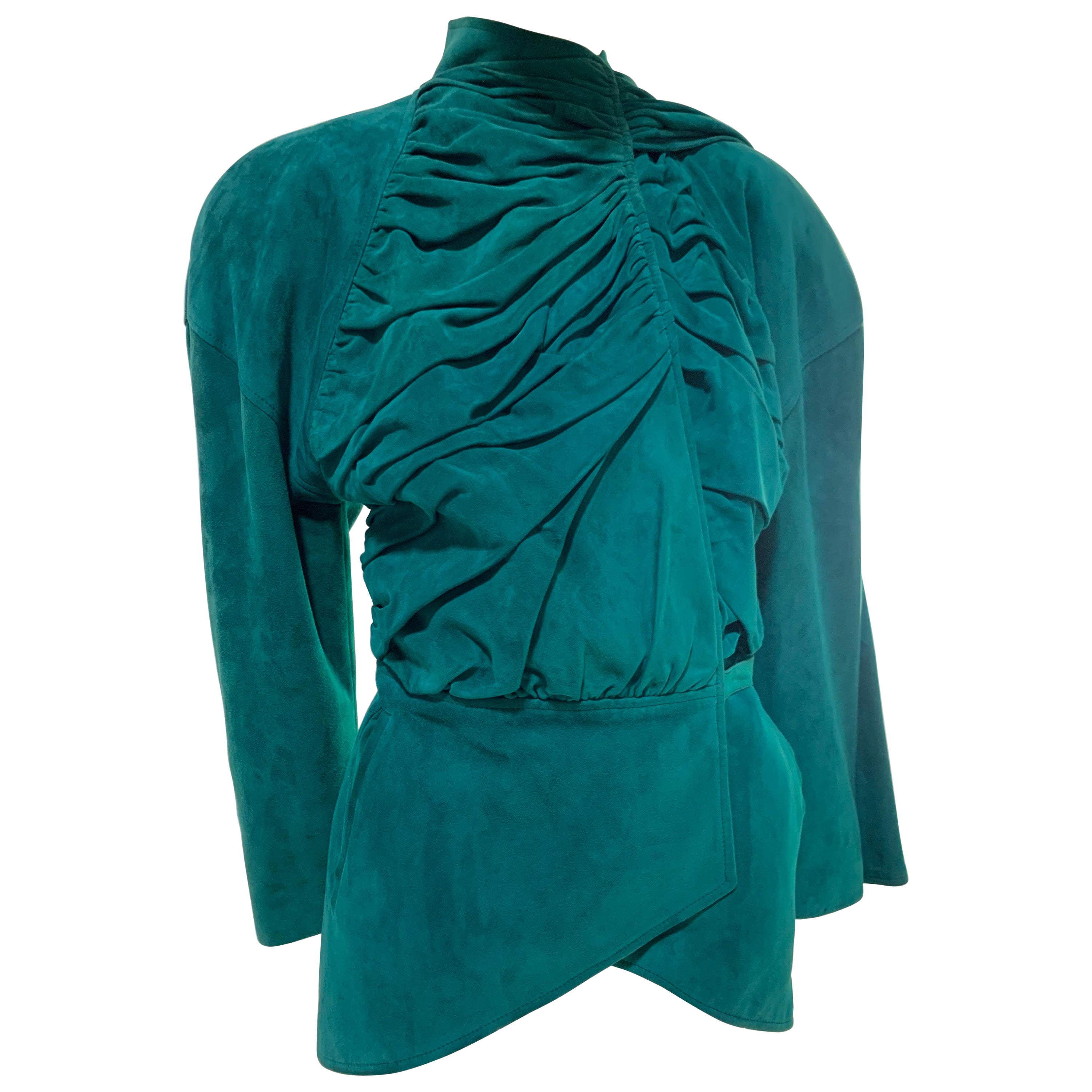 1980s Jean Claude Jitrois Emerald Suede Jacket w/ Gathered Front & Large Foulard For Sale