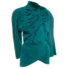 Vintage 1980s Jean Claude Jitrois Emerald Suede Jacket w/ Gathered Front & Large Foulard