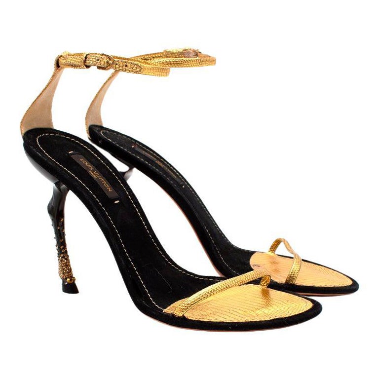 Louis Vuitton Metallic Gold Sandals with Horse Leg Stiletto Heel For Sale