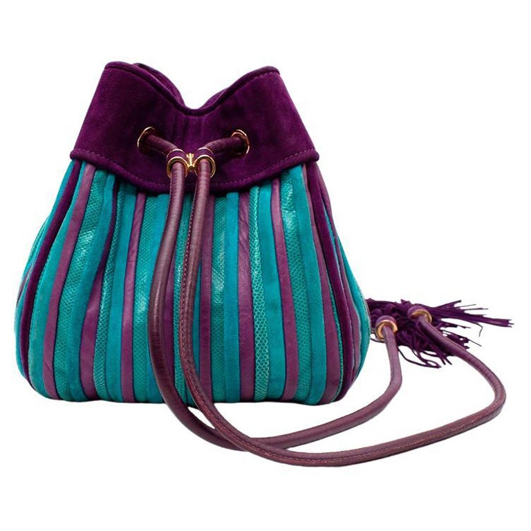 Salvatore Ferragamo Purple & Turquoise Leather & Lizard Drawstring Bag For Sale