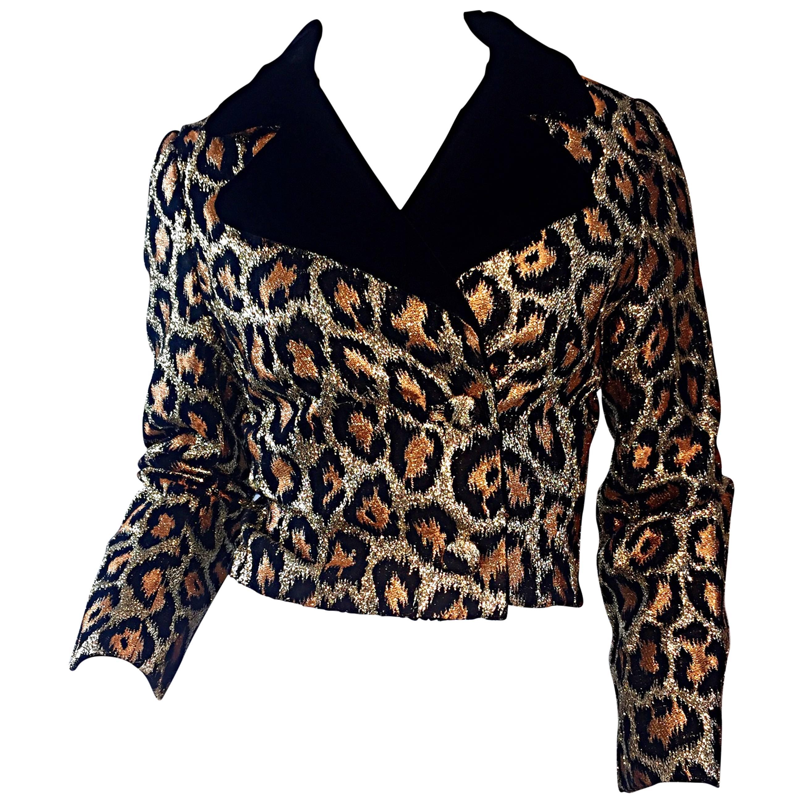 Chic Early 60s Leopard Cheetah Print Silk 1960s Metallic Cropped Bolero Jacket