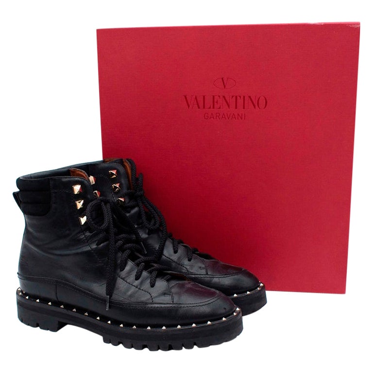 Valentino Rockstud Black Leather Lace Up Combat Boots For Sale at 1stDibs