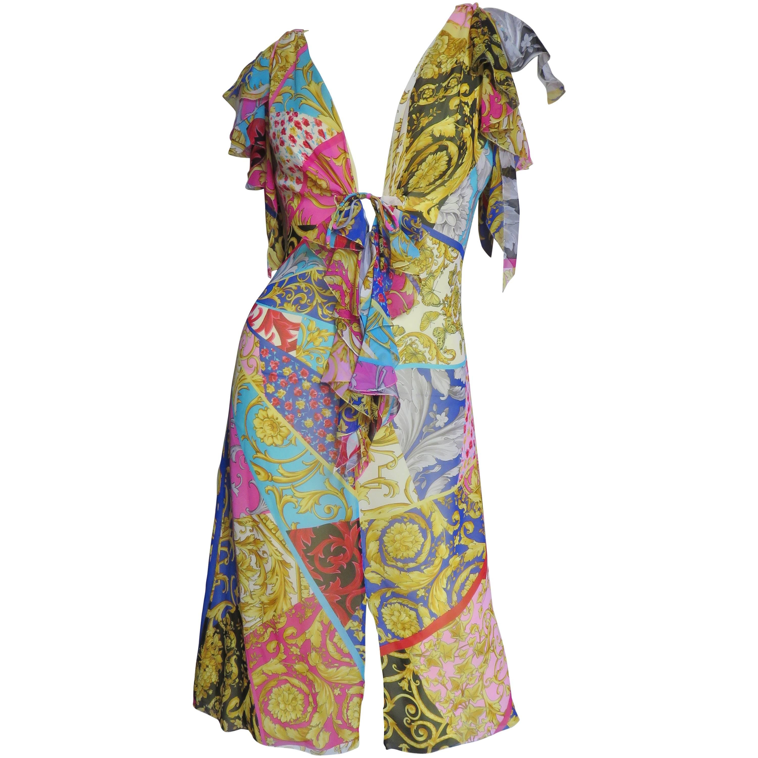 1990s Gianni Versace Silk Scarf Print Plunge Dress