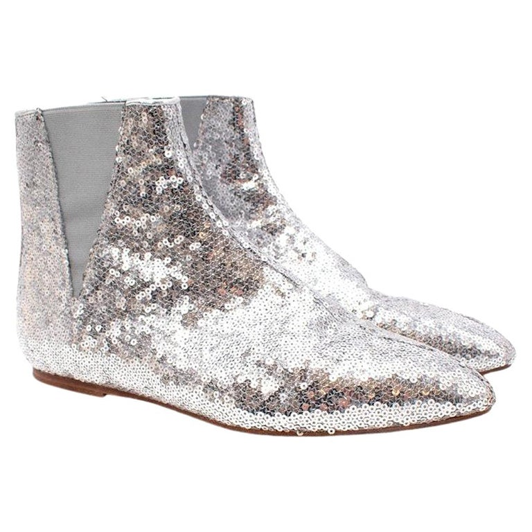 Loewe Metallic Silver Sequined Flat Ankle Boots For Sale