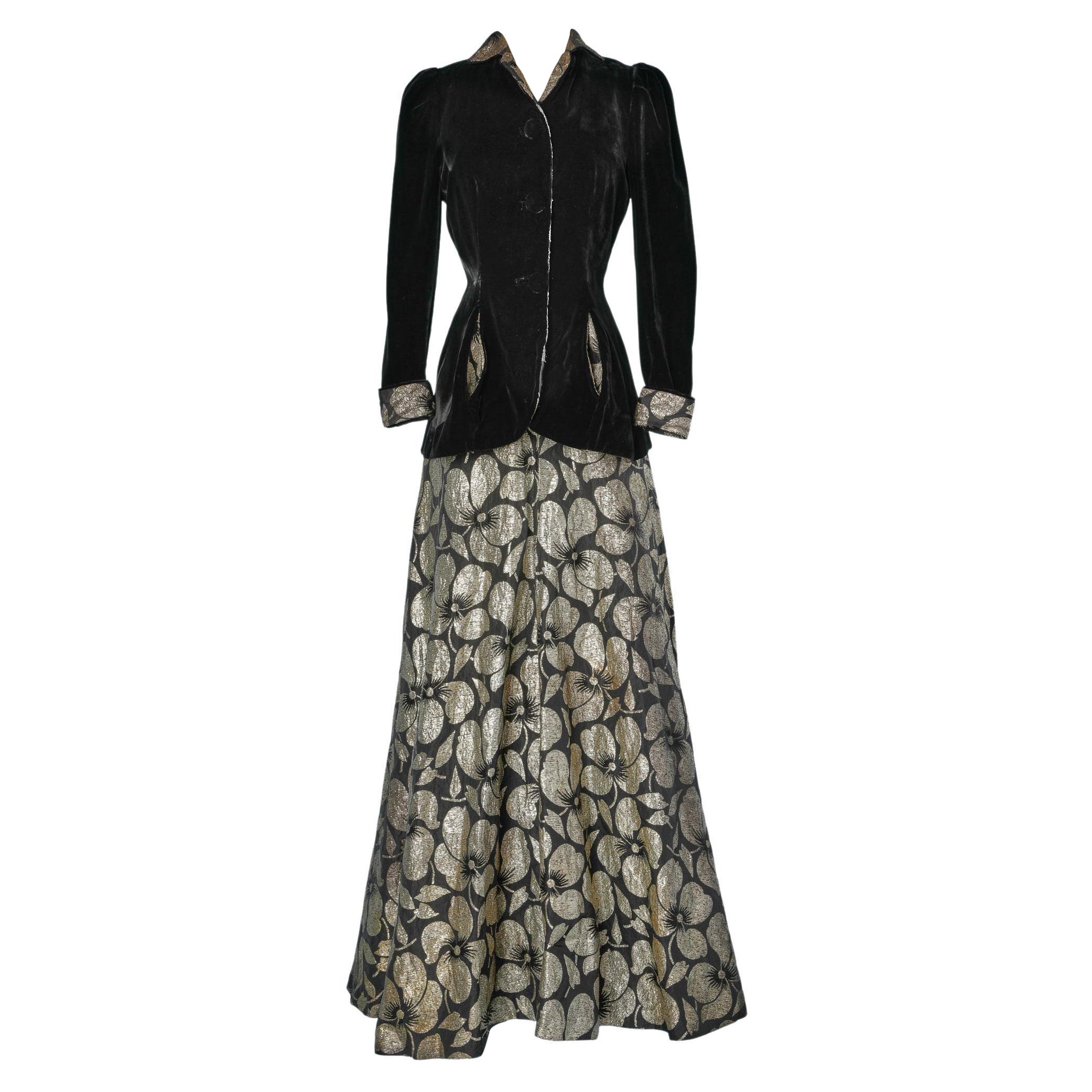 Evening long skirt-suit in black velvet and gold lurex brocade dress For Sale