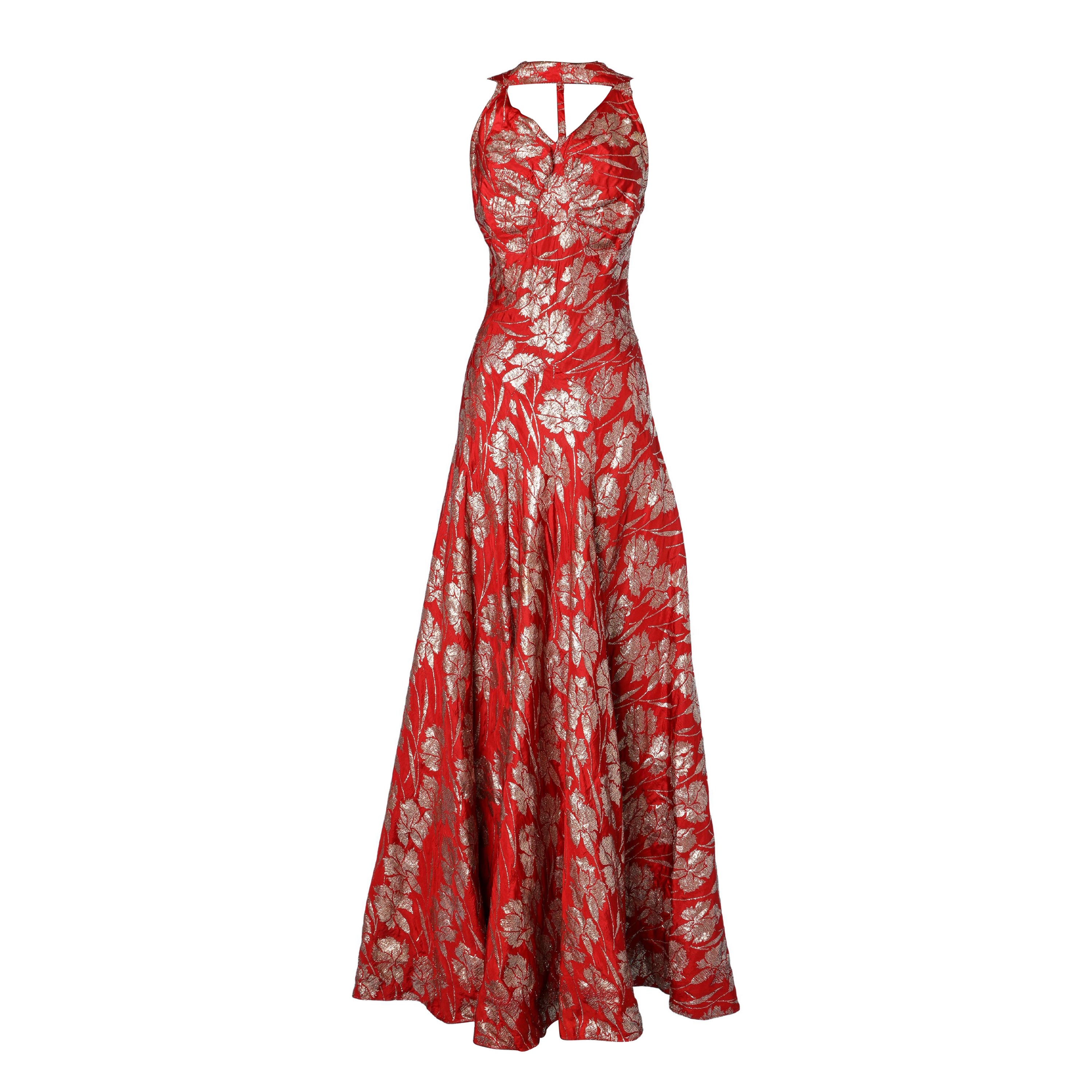 Red and gold brocade  dress with flower pattern 1930  For Sale