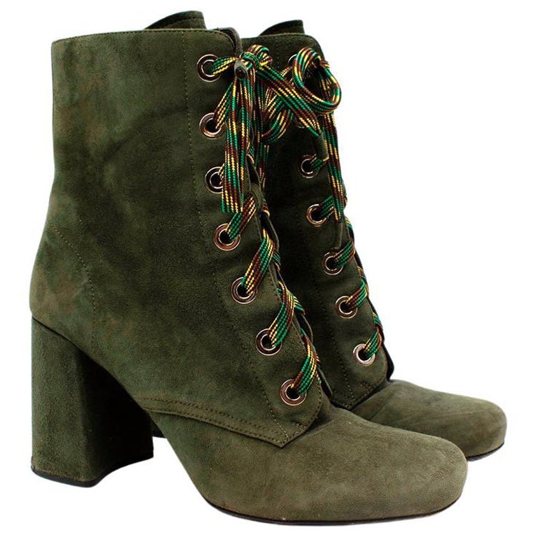 Prada Military Green Suede Lace-Up Ankle Boots For Sale