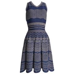 Alaïa Blue Knit Skater Dress with Geometric Pattern