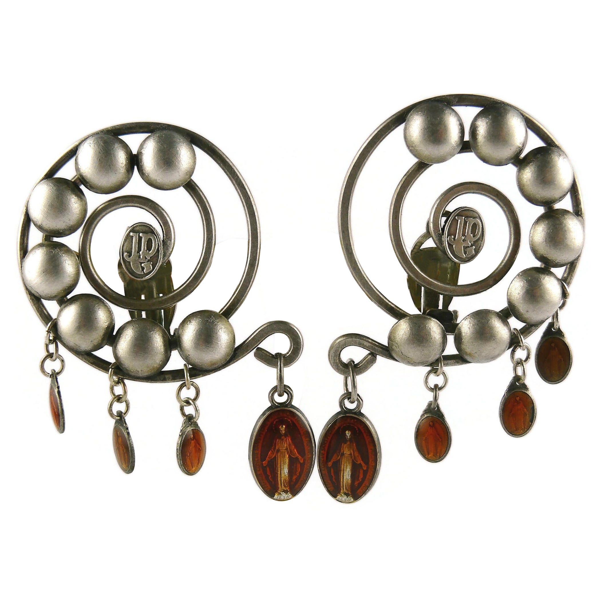 Jean Paul Gaultier Vintage Scapular Medal Charm Spiral Clip-On Earrings