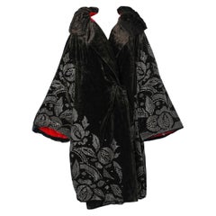 Black silk velvet Opera coat with beads and rhinestone embroidered Circa 1920 