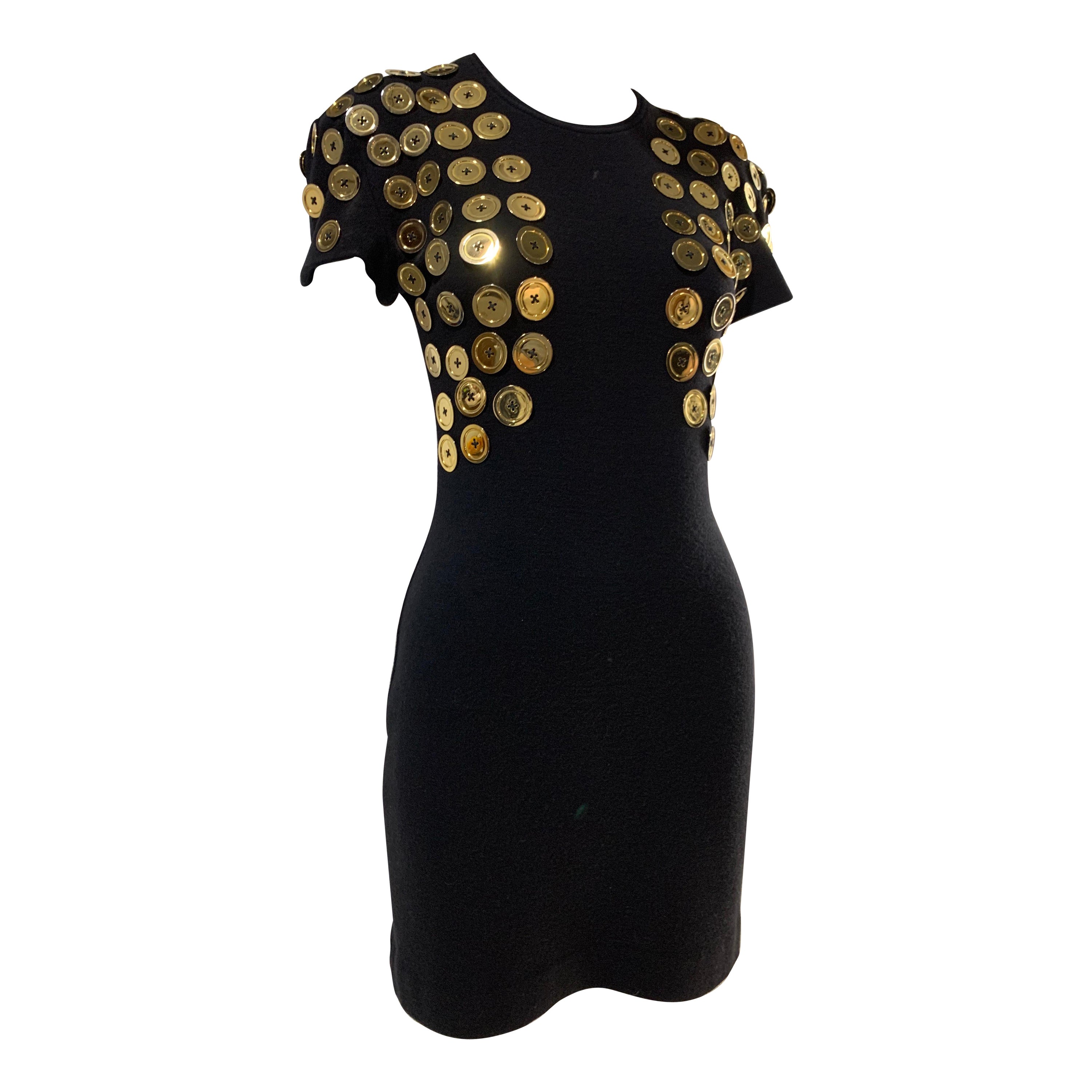 1980s Patrick Kelly Black Mini Dress w/ Trompe L'Oeil Bolero Of Gold Buttons