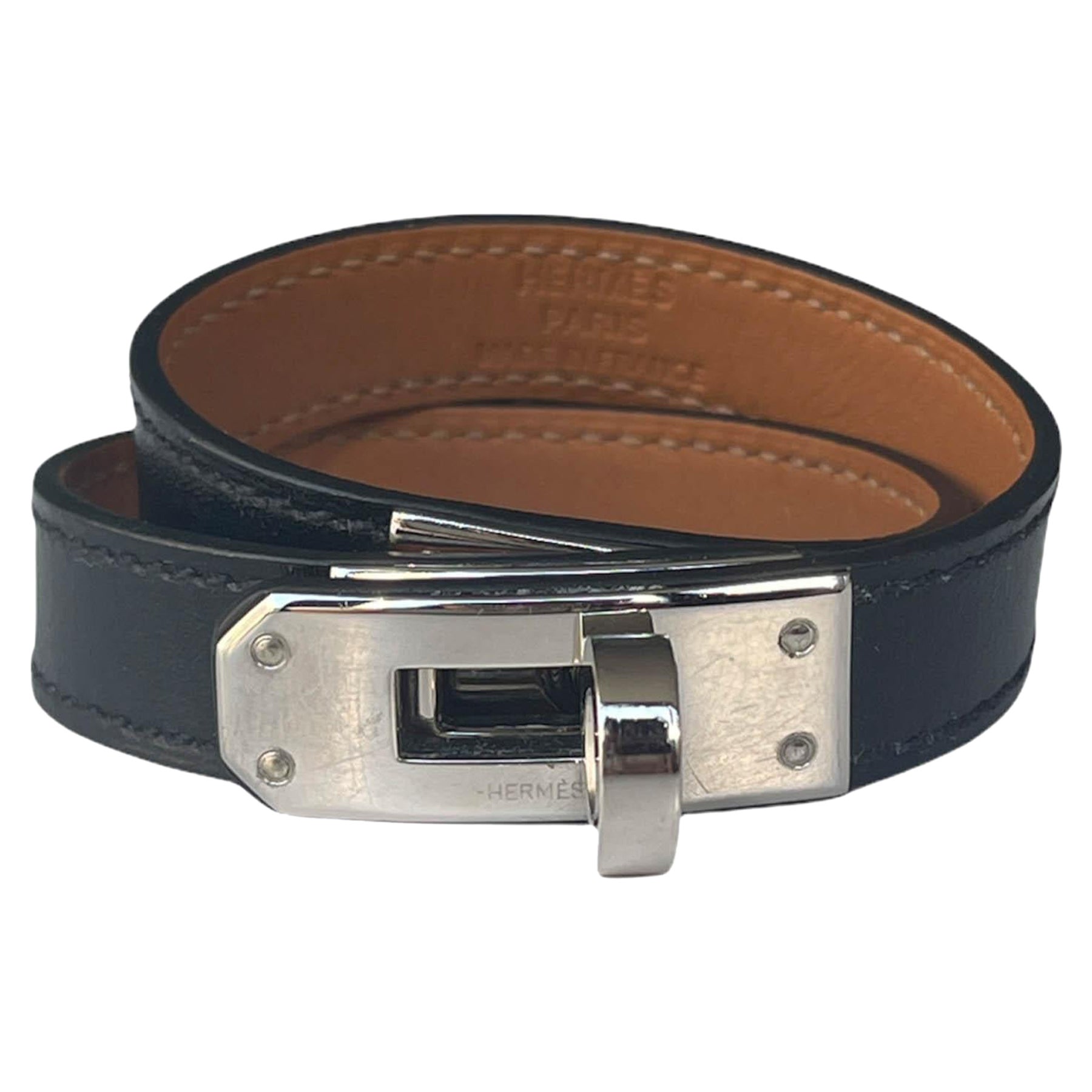 Hermès - Bracelet Kelly double tour noir/palladium, taille XS en vente