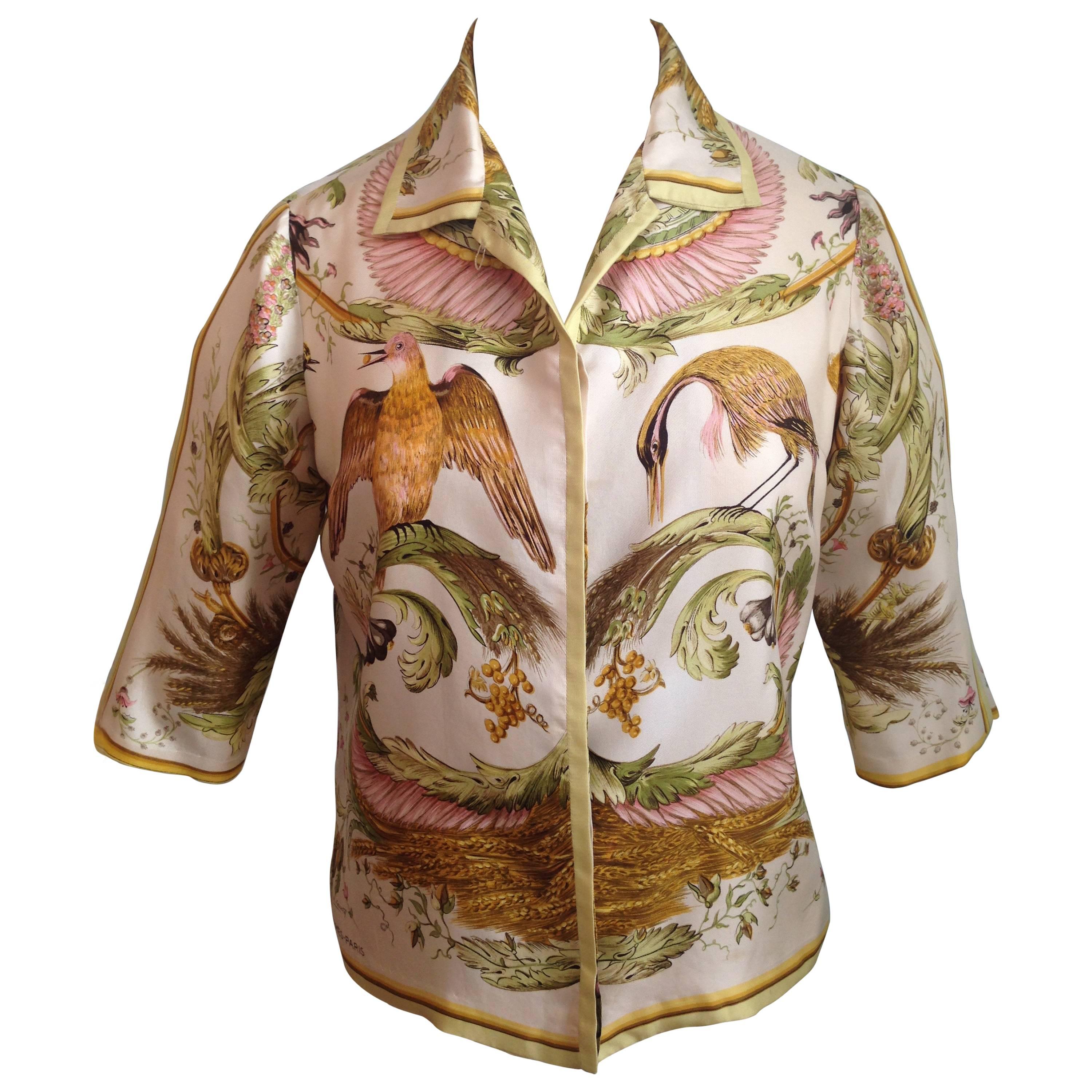Hermes Silk 'Ceres' Print Blouse Shirt 1960s For Sale