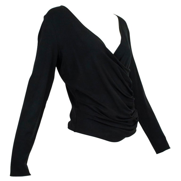 Armani Collezioni Black Jersey Plunging Criss-Cross Wrap Pullover Top, size 10 For Sale