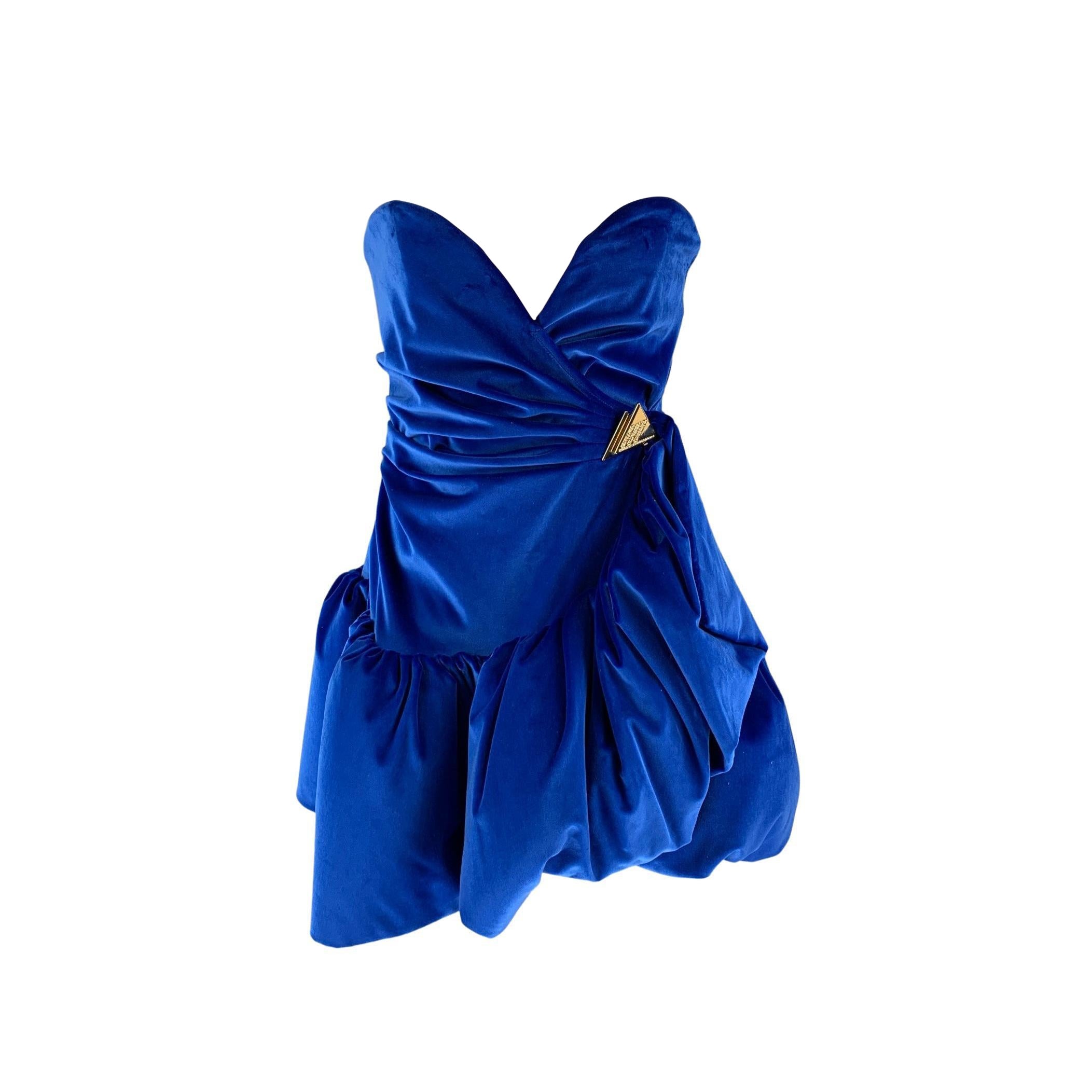 THE ATTICO Royal Blue Velour Cotton & Elastane Ruffled Size 4 Cocktail Dress