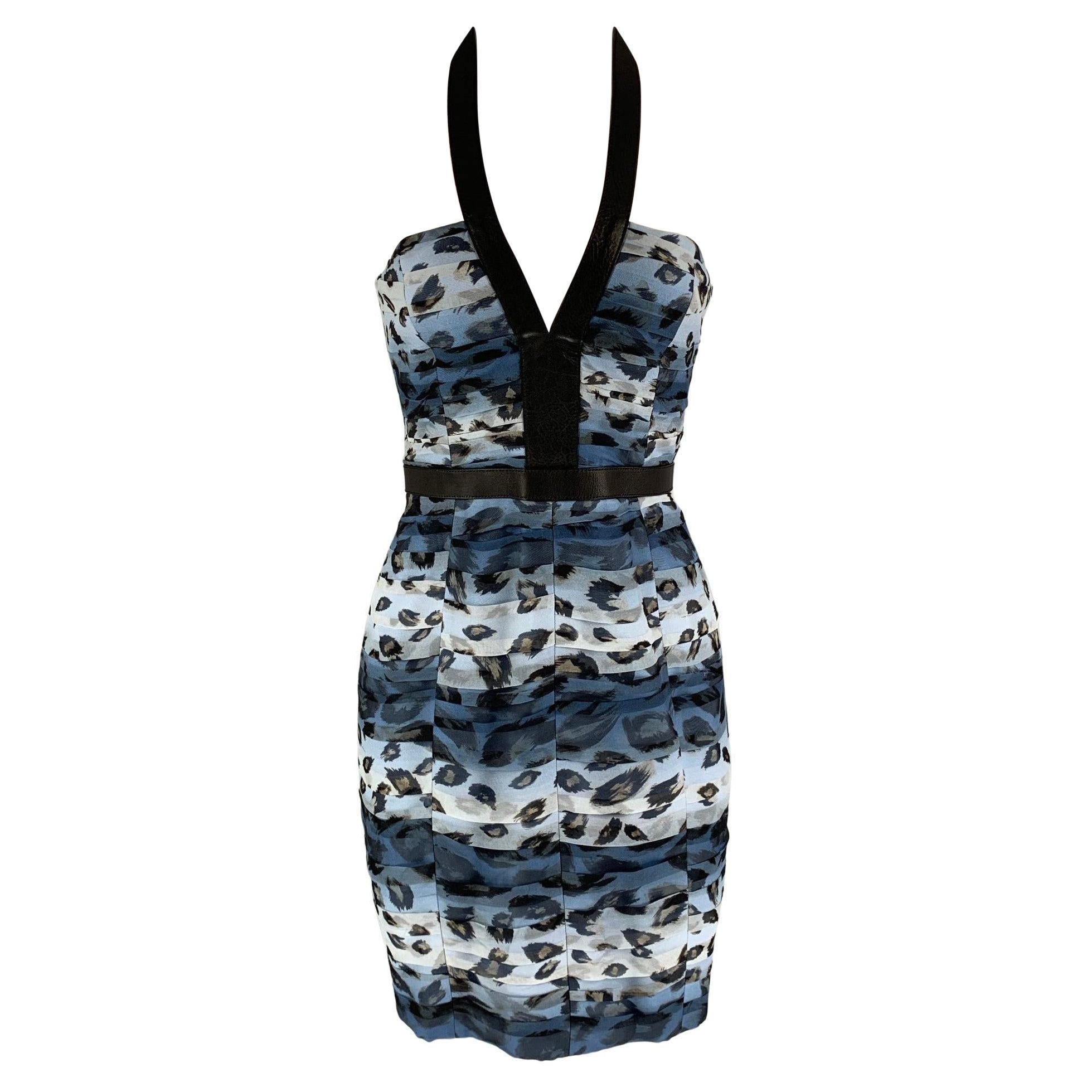 BURBERRY PRORSUM Spring 2011 Size 6 Blue Black Silk Camouflage Leather Dress  For Sale at 1stDibs