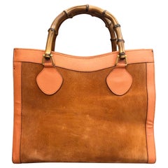 1990s Vintage GUCCI Orange Suede Leather Bamboo Diana Tote Bag (Medium)
