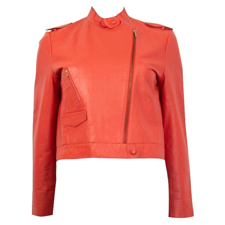 MIU MIU coral red orange leather EPAULETTES BIKER Jacket 42 M For Sale