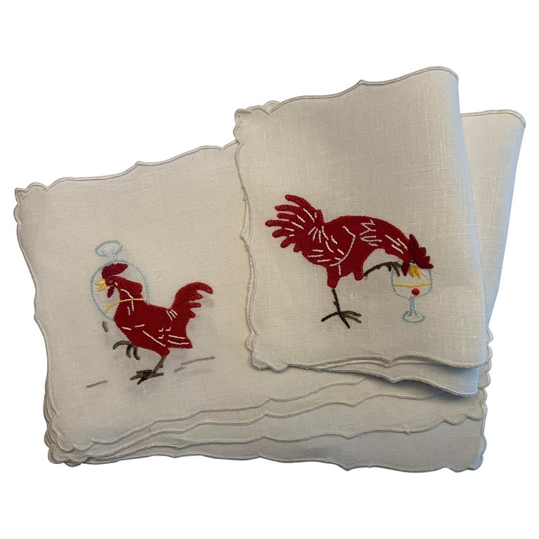 Set of Six Appliqued and Embroidered Drunken Rooster Linen Cocktail